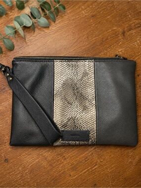 SFERA FEMME Black faux Leather Wristlet with Metallic Snake-Print Center